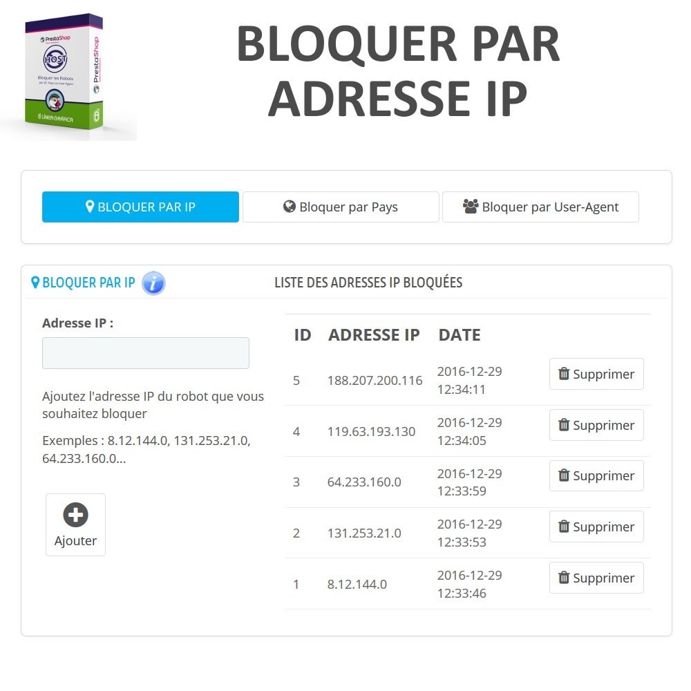 Module Bloquer Robots / Utilisateurs par IP, Pays, User-Agent