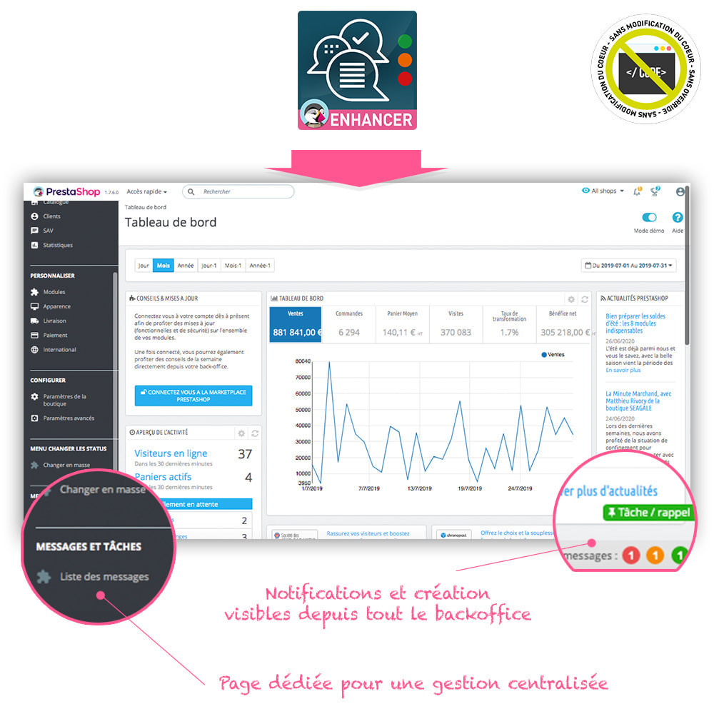 Module Rappels, tâches, messages internes depuis le backoffice