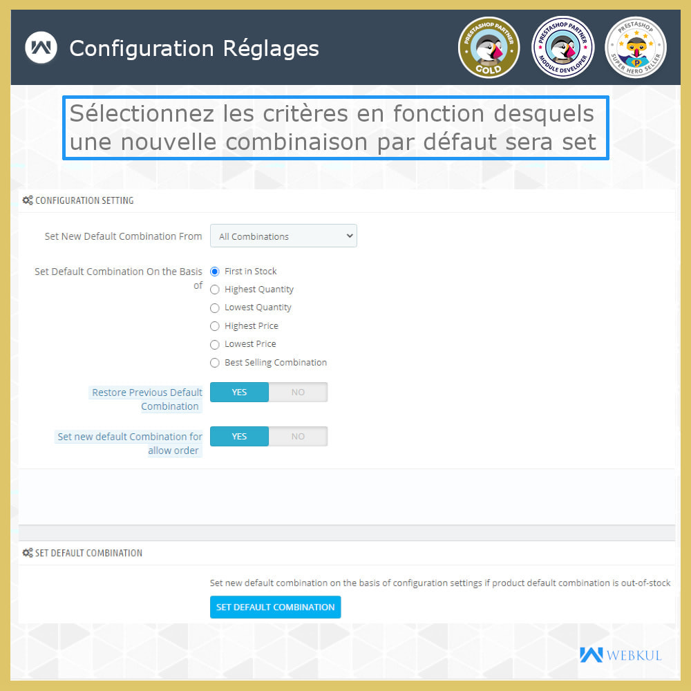 Module Modifier combinaison par défaut quand rupture stock