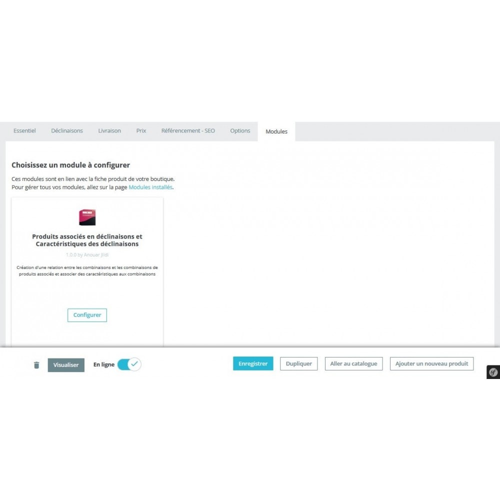 Module Associer produits et caractéristiques à une déclinaison