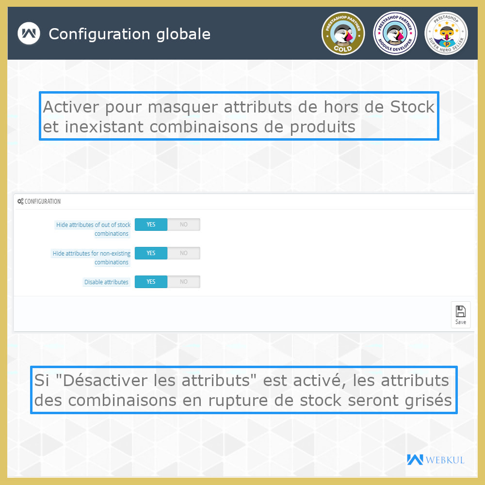 Module Masquer ou désactiver les attributs avec le stock