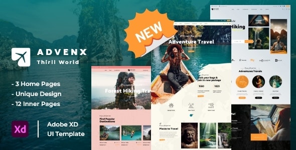 Advenx - Adventure Travel &amp; Tourism Website Adobe XD Template