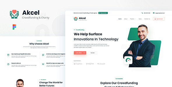 Akcel - Modern Crowdfunding and Charity Website Design Template Figma