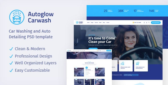 Autoglow - Car Washing Service &amp; Auto Detail PSD Template