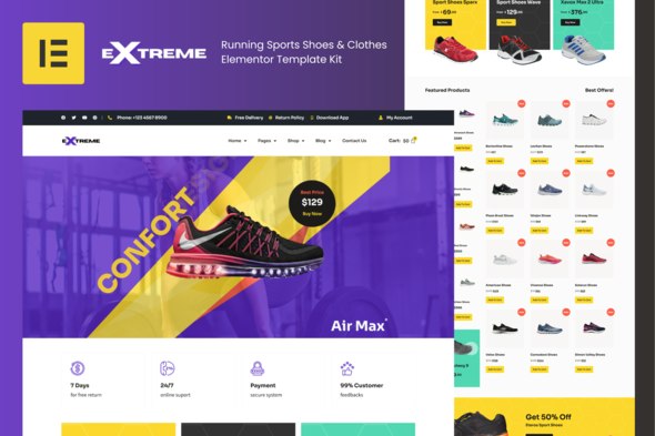 Extreme - Running Sports Shoes &amp; Clothes Elementor Template Kit