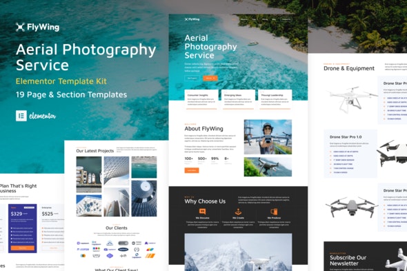 FlyWing - Drone Aerial Video &amp; Photography WordPress Elementor Template Kit
