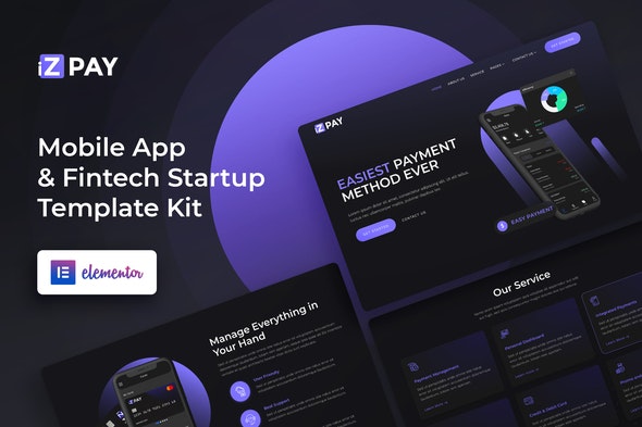 iZPAY - Mobile App &amp; Fintech Startup Elementor Template Kit