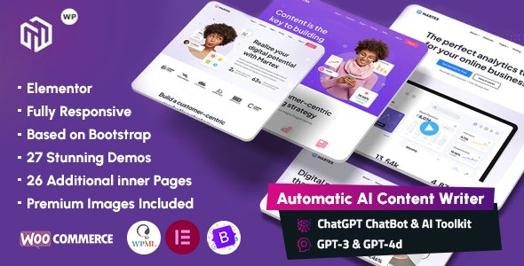 Martex - Software, SaaS &amp; Startup Landing Page WordPress Theme with Automatic AI Content Writer