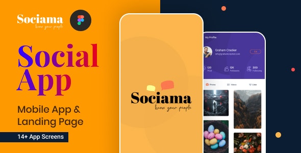 Sociama | Social Media Mobile App and LandingPage Figma Template