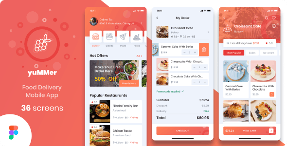 Yummer - Food Delivery Mobile App Figma UI Template